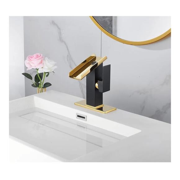 Modern Black Gold Waterfall Bathroom Faucet 1-Hole w/ Cover Plate - Picture 9 of 9
